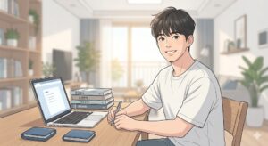 따뜻한 채광이 드는 방에서 20대 청년이 노트북과 공식 서류를 확인하며 최대 50만 원 사후 환급 신청을 준비하는 모습을 담은 본문용 이미지.