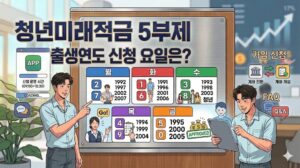 청년미래적금 요일별 신청 시간 및 출생연도 끝자리 5부제 일정을 한눈에 보기 쉽게 정리한 인포그래픽 표
