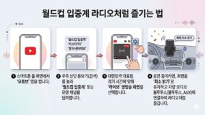 유튜브 앱에서 화면을 최소 밝기로 유지하며 차량 오디오로 월드컵 해설 소리만 듣는 과정을 설명하는 인포그래픽 이미지