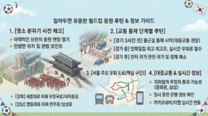 월드컵 경기 당일 광화문, 시청, 영동대로 일대 거리 응원에 따른 출근 시간대별 교통 통제 루틴과 대중교통 우회 정보를 요약한 인포그래픽 카드뉴스