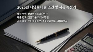 2026년 디딤돌 대출 대상 주택 조건 및 필수 서류 목록이 텍스트로 깔끔하게 정리된 행정 가이드 문서의 모습