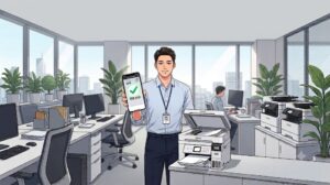 2026년형 엡손 프린터 옆에서 남성 직원이 스마트폰의 Epson Smart Panel 앱 무선 프린팅 연결 성공 화면을 보여주는 기업 웹툰 스타일의 본문 이미지