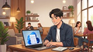 노트북 화면에 윈도우11이 정상 작동하는 모습을 보며 환하게 웃고 있는 직장인의 모습을 담은 2026년형 프리도스 노트북 윈도우11 설치 오류 3분 만에 해결하기 본문 이미지