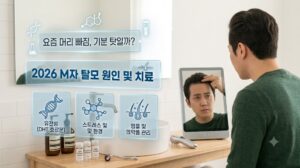 2026년 남자 M자 탈모의 주요 원인인 유전성 DHT 호르몬, 스트레스 환경 및 앰플·의약품 관리법 인포그래픽 이미지