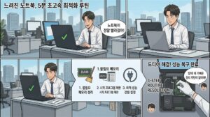 느려진 노트북 최적화 3단계 루틴을 마친 후 성능이 복구되어 기뻐하는 직장인의 모습을 담은 웹툰 스타일 본문 가이드 이미지