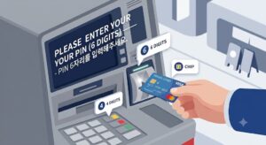 2026년 해외여행 중 트래블카드 현지 ATM 출금 오류 발생 시 모바일 앱을 이용해 셀프로 비밀번호 잠금을 해제하는 모습을 담은 상위 노출용 대표 인포그래픽