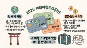 2026년 해외여행 트래블카드의 전 세계 70여 개국 지원 범위 및 일본·동남아 지역별 특화 혜택(환전·ATM 출금 수수료 면제, QR 결제)을 한눈에 정리한 손그림 인포그래픽 이미지