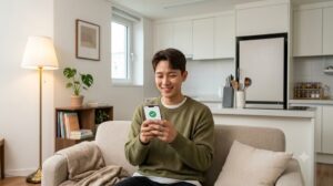 2026 청년월세 특별지원을 신청한 청년이 소파에 앉아 스마트폰으로 '서류 심사 통과 및 대상자 선정 완료' 알림 메시지를 확인하며 안도하고 기뻐하는 실사 이미지