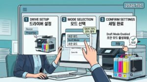 2026년 최신 대형 인쇄 잉크 소모량 줄이는 방법 가이드에 따라 컴퓨터 화면에서 드라이버 꿀팁 세팅을 조작하는 모습