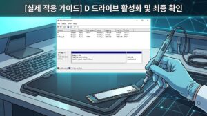 Diskpart 디스크 초기화 및 파티션 할당 설정을 마치고 디스크 관리 창에서 드라이브 활성화를 최종 확인하는 본문 이미지