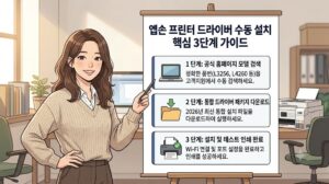2026년 엡손 프린터 드라이버 수동 설치 및 무선 연결 오류 해결 3단계 요약 카드 표