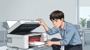 모바일 기기로 Epson 프린터의 무선 연결 상태를 확인하고, Smart Panel 앱으로 사진을 무선 출력하는 방법을 직관적으로 안내하는 본문용 웹툰풍 일러스트