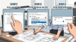 CAD 도면 출력 선 깨짐 현상을 수동으로 조치하기 위한 HP 프린터 드라이버 기기 설정 화면