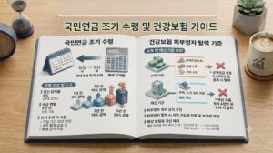 국민연금 조기수령 감액률 구조와 연간 합산 소득 2000만원 초과 시 건강보험 피부양자 탈락 기준을 나타내는 가이드 이미지