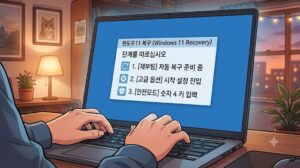 윈도우11 노트북 화면에 '자동 복구 준비 중', '시작 설정 진입', '안전모드 숫자 4 키 입력' 3단계 과정