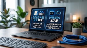 윈도우11 인터넷 속도 제한 해제 방법과 DNS 캐시 초기화 명령어를 설명하는 노트북 화면 이미지