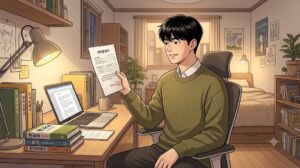 청년 주거급여 부모 분리 거주 증빙 서류를 확인하는 청년 일러스트