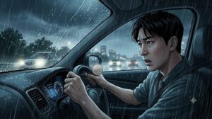 수막현상 발생으로 빗길 안전 운전에 위협을 느끼며 당황하는 운전자의 모습