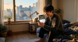 이른 아침 스마트폰 모바일 뱅킹 앱을 통해 2026 근로장려금 입금 내역을 확인하는 장면