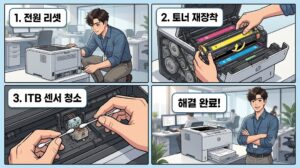 HP 프린터 59.c0 오류를 해결하는 단계별 가이드 이미지 (1단계: 전원 리셋, 2단계: 토너 재장착, 3단계: ITB 센서 청소, 4단계: 해결 완료!)