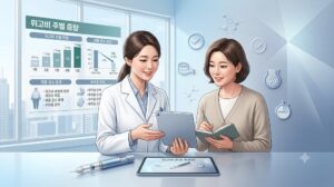 의사가 태블릿을 보여주며 환자에게 위고비 효과 및 주별 증량 스케줄, 부작용 관리에 대해 자세히 설명하는 상담 장면. 배경에는 위고비 효과 및 부작용 관리 그래프 인포그래픽이 보임.