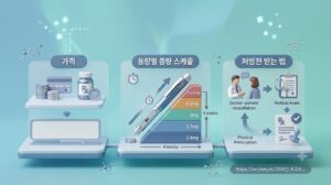 위고비 가격, 용량별 증량 스케줄, 처방전 받는 법 과정이 파스텔 블루 톤의 3D 인포그래픽으로 표현된 본문 이미지.