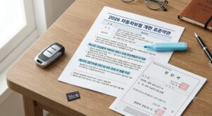 2026년 9월 10일 자동차보험 개편에 따른 진단서와 자동차 보험 증권, 차량용 블랙박스 메모리카드가 놓인 상담 데스크