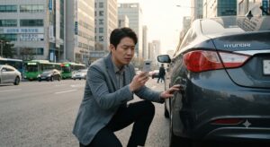 2026년 9월 10일 자동차보험 개편안 시행 후 경미한 접촉사고 현장에서 스마트폰으로 과실과 보험 보상을 확인하는 운전자