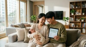 아기를 안고 밝은 표정으로 신생아 특례대출 실행 결과를 확인하는 30대 맞벌이 부부 모습