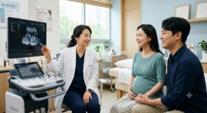 2026년 산부인과에서 임신 초기 초음파 검진을 받는 임산부와 전문의 상담 모습