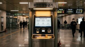늦은 밤 밝게 켜진 지하철역 공공 무인민원발급기 키오스크 화면