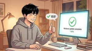 윈도우10·11 업데이트 실패 오류 0xd0000034를 해결하고 100% 업데이트 완료 화면을 보며 안도하는 웹툰 캐릭터
