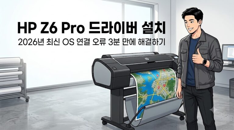 [HP DesignJet Z6 Pro 64인치 드라이버 설치] Windows 11 & macOS 최신 OS 연결 오류 3분 만에 해결하기 (웹툰 스타일 썸네일)