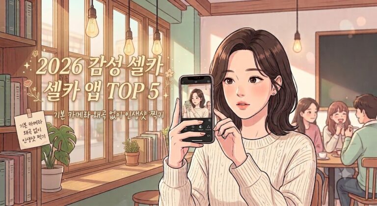 2026 감성 사진 앱 추천 햇살 비치는 카페에서 셀카를 찍는 웹툰 스타일 일러스트