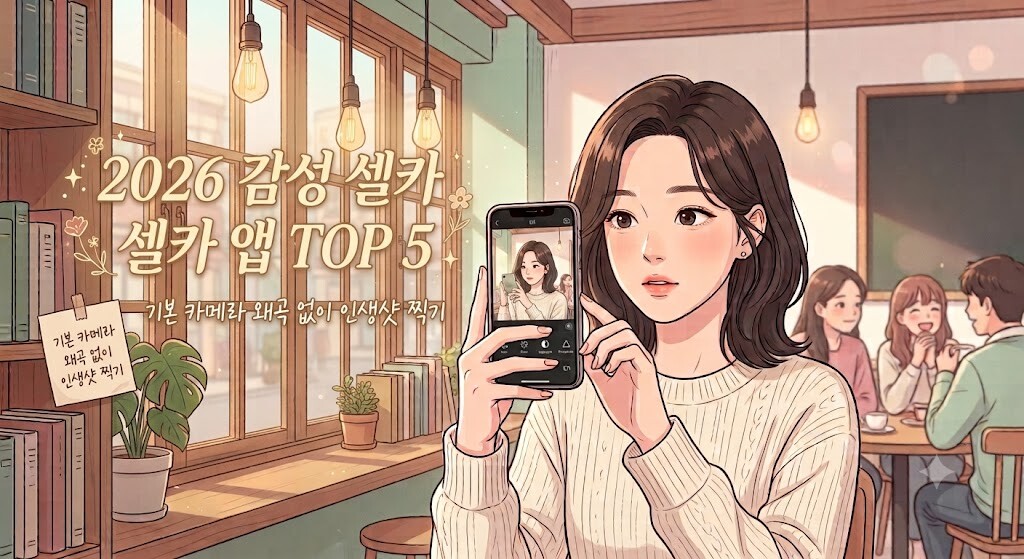 2026 감성 사진 앱 추천 햇살 비치는 카페에서 셀카를 찍는 웹툰 스타일 일러스트