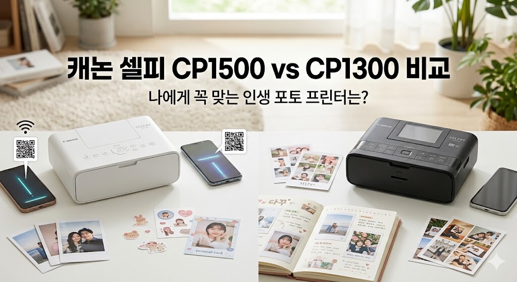 밝고 깔끔한 테이블 위에 Canon 포토 프린터 CP1500 vs CP1300 두 기종이 나란히 놓인 일러스트