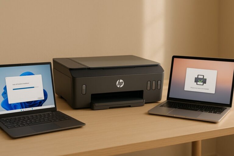 HP Smart Tank 5100 드라이버 설치, Windows 11과 macOS Ventura에서 수동 설치로 안정적인 연결을 설정하는 장면