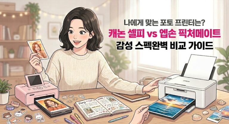 Canon SELPHY CP1500 vs Epson PM-400 비교 분석 텍스트가 중앙에 배치된 이미지로, 두 포토 프린터의 출력물 색감을 비교하며 만족해하는 여성 크리에이터의 일러스트 썸네일 이미지