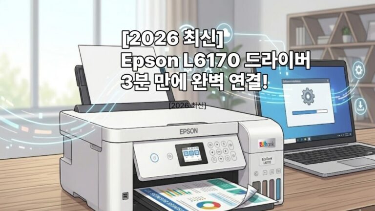 노트북 화면의 설치 창과 무선 데이터 스트림 그래픽이 돋보이는 일러스트 중앙에 'Epson EcoTank L6170 드라이버 3분 만에 완벽 연결!' 텍스트가 배치된 대표 썸네일 이미지