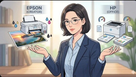 엡손 vs HP 프린터 비교, 2026년 크리에이터 및 사무용 모델 특징 요약 썸네일 일러스트