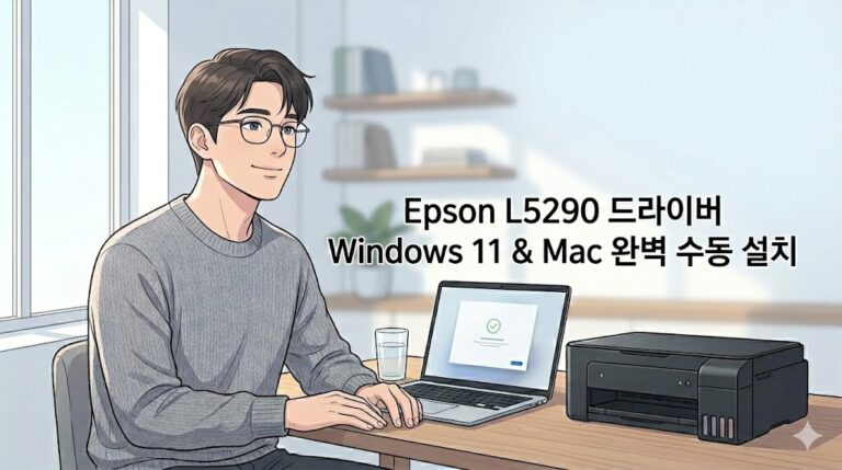 따뜻한 채광이 드는 방에서 20대 남성이 노트북과 무한잉크 복합기 설정을 마치고 미소 짓고 있으며, 화면 중앙에 Epson EcoTank L5290 드라이버 Windows 11 및 Mac 완벽 수동 설치 문구가 정갈하게 합성된 블로그 대표 썸네일 이미지.