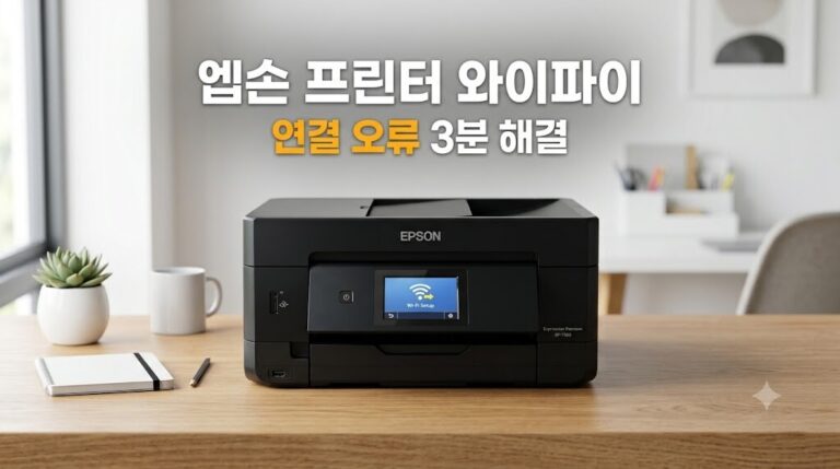 엡손 프린터 와이파이 연결 오류 해결 가이드를 나타내는 2.4GHz 무선 설정 화면의 엡손 Expression 복합기 데스크 테리어 단독 컷