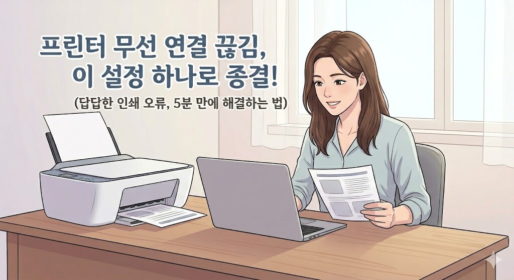 깔끔한 홈오피스에서 프린터 무선 연결로 문서를 성공적으로 출력하고 만족스러운 표정을 짓고 있는 여성
