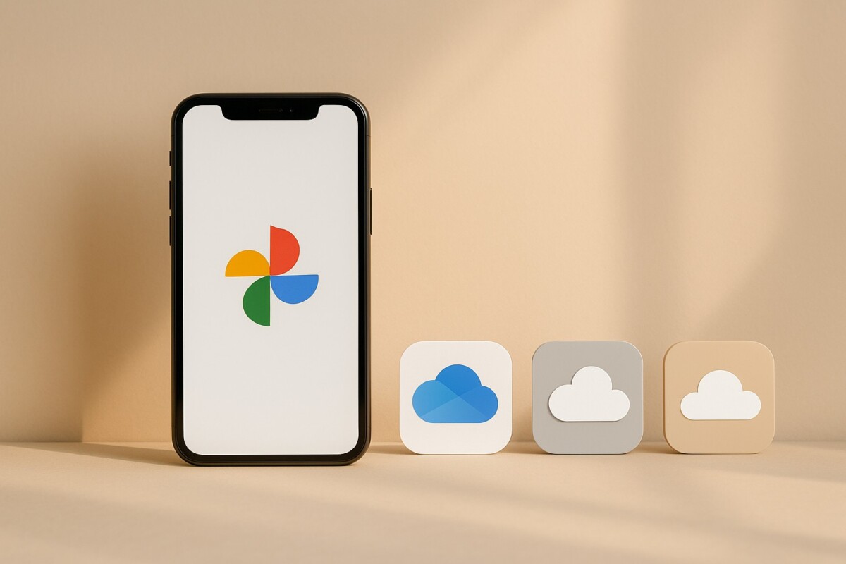 사진 백업 어플 아이콘과 스마트폰이 놓인 베이지 톤 작업 공간 구성