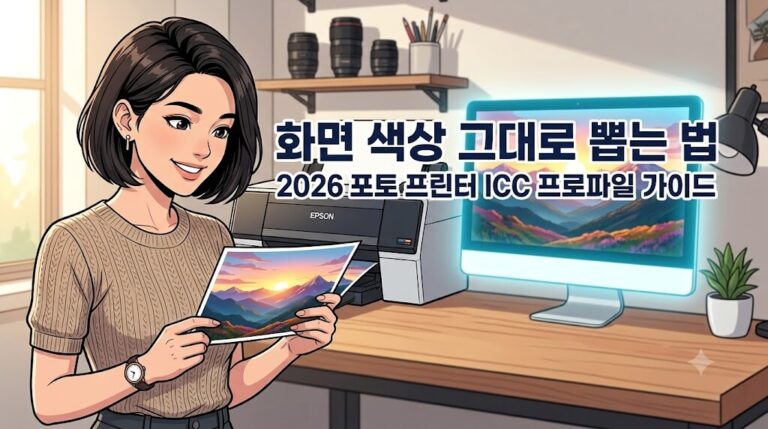 2026년 모니터와 인쇄물 색상을 일치시키기 위해 엡손 포토 프린터에 ICC 프로파일을 적용하여 완벽하게 사진을 출력한 웹툰풍 일러스트 대표 이미지