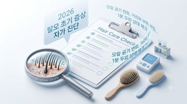 2026년 탈모 초기 증상 자가 진단 체크리스트 두피 모낭 검사 아이소메트릭 그래픽