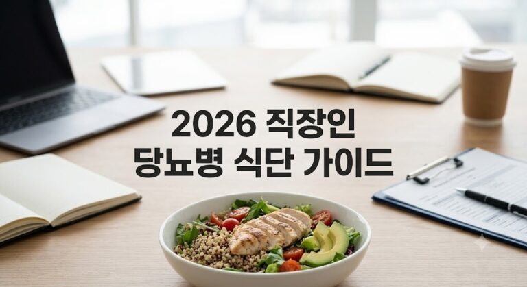 현대적인 사무실 책상 위, 퀴노아 닭가슴살 샐러드 볼이 정갈하게 놓여 있고, 그 위 중앙에 ‘2026 직장인 당뇨병 식단 가이드’라는 세련된 고딕체 타이틀 텍스트가 얹혀 있는 전문적인 고해상도 실사 썸네일 이미지.