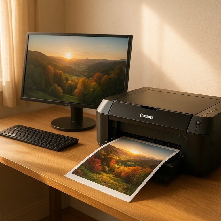 Canon 프린터 ICC 프로필 설정으로 모니터와 인쇄 색이 일치하는 프리미엄 사진 출력 장면