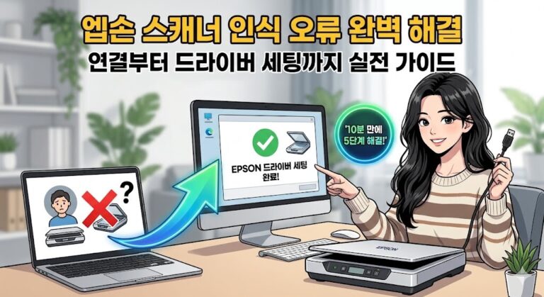 EPSON 스캐너 인식 오류와 드라이버 연결 문제를 해결하고 세팅을 완료한 모습을 직관적으로 보여주는 웹툰풍 썸네일.