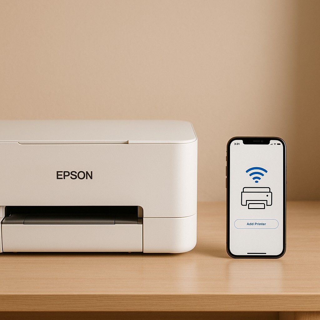 Epson Smart Panel 앱으로 EPSON 프린터 Wi-Fi를 설정하는 스마트폰과 프린터가 놓인 따뜻한 베이지 톤 작업 공간.